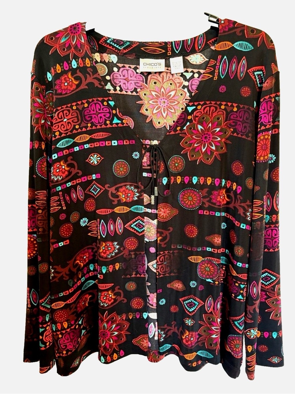 Chico’s Travelers Cardigan Size 2 L Multicolor Boho Print Open Front